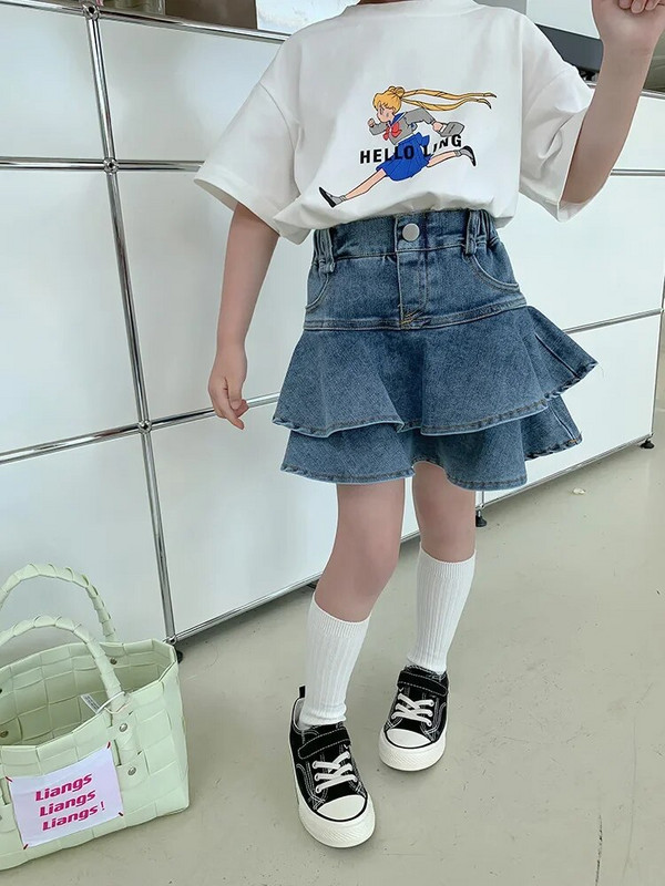 Mergaičių korėjietiška versija Cool Spicy Girls Labai elastingas džinsinis klostuotas trumpas sijonas 2023 m. vasaros vaikų netikros dviejų dalių sijoninės kelnės