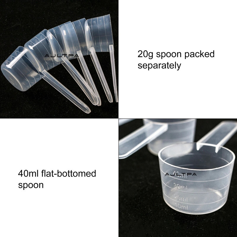 20 g šaukštas atskirai supakuotas 40 ml plokščiadugnis šaukštas 20 g matavimo šaukštas su permatomu plastikiniu matavimo šaukštu 40 ml