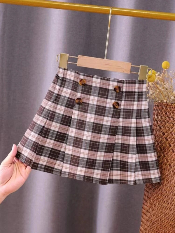 Vaikiški drabužiai Vaikai Pavasaris Vasara F mados languotas sijonas Paauglių mergaičių klostuotas sijonas 2023 Kostiumas 4 5 6 7 8 9 10 11 12 13 14 m.