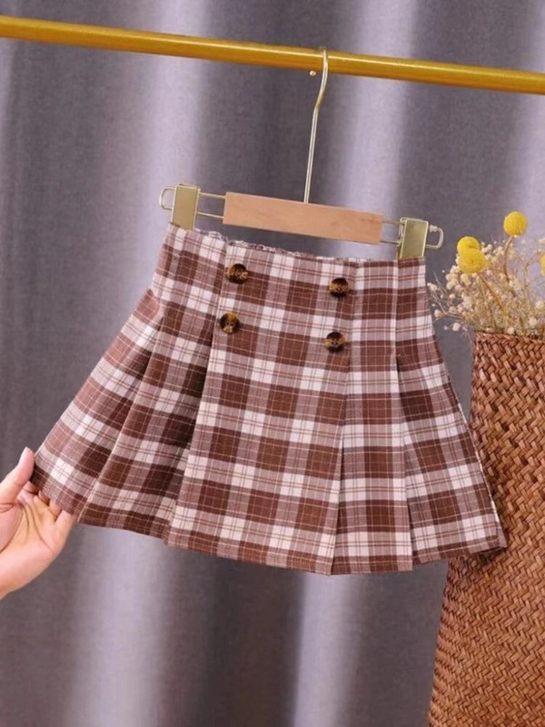 Vaikiški drabužiai Vaikai Pavasaris Vasara F mados languotas sijonas Paauglių mergaičių klostuotas sijonas 2023 Kostiumas 4 5 6 7 8 9 10 11 12 13 14 m.