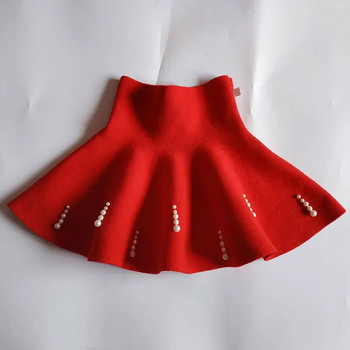 Ученическа плетена плисирана пола за момичета есен зима перла Детско облекло момичешки поли Червена висока талия Детска пола с волани за момичета