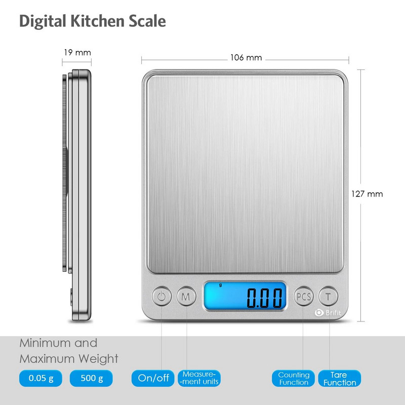 ORIA Digitalna kuhinjska vaga 500g/ 0,01g Mini džepna vaga za nakit Prijenosni LCD zaslon Vaga za kuhanje hrane