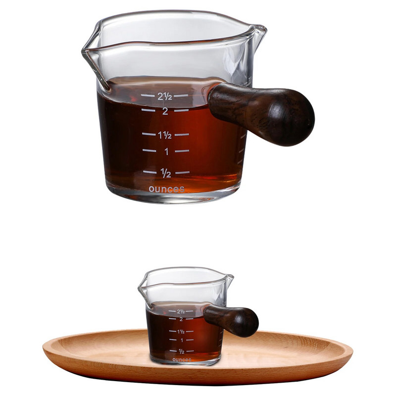 NAUJAS Espresso kavos puodelis Uncijos puodelis su svarstyklėmis ir medine rankena aukšto borosilikatinio stiklo matavimo puodelis