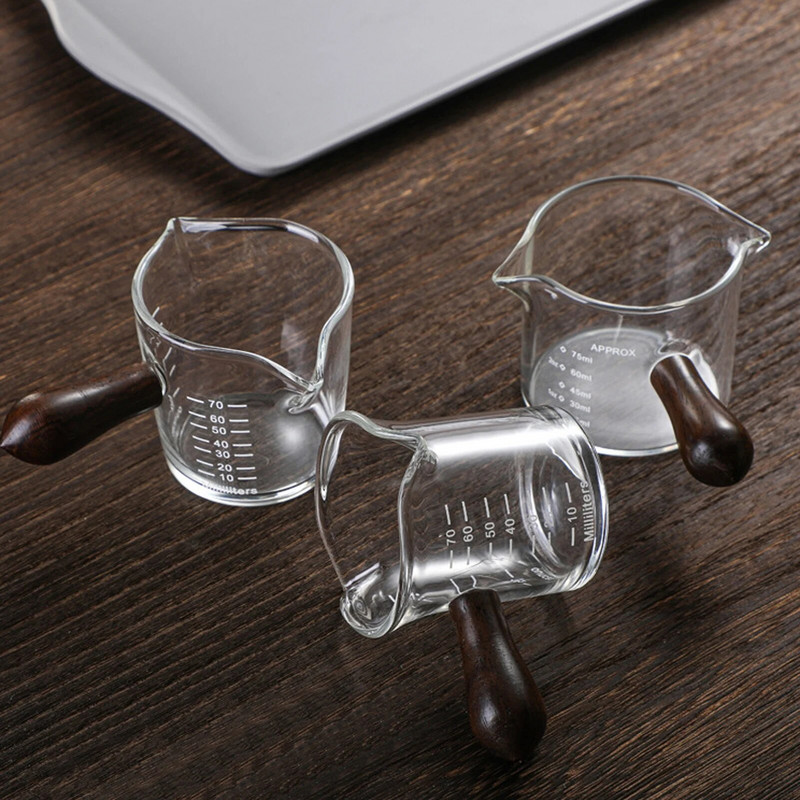 NAUJAS Espresso kavos puodelis Uncijos puodelis su svarstyklėmis ir medine rankena aukšto borosilikatinio stiklo matavimo puodelis