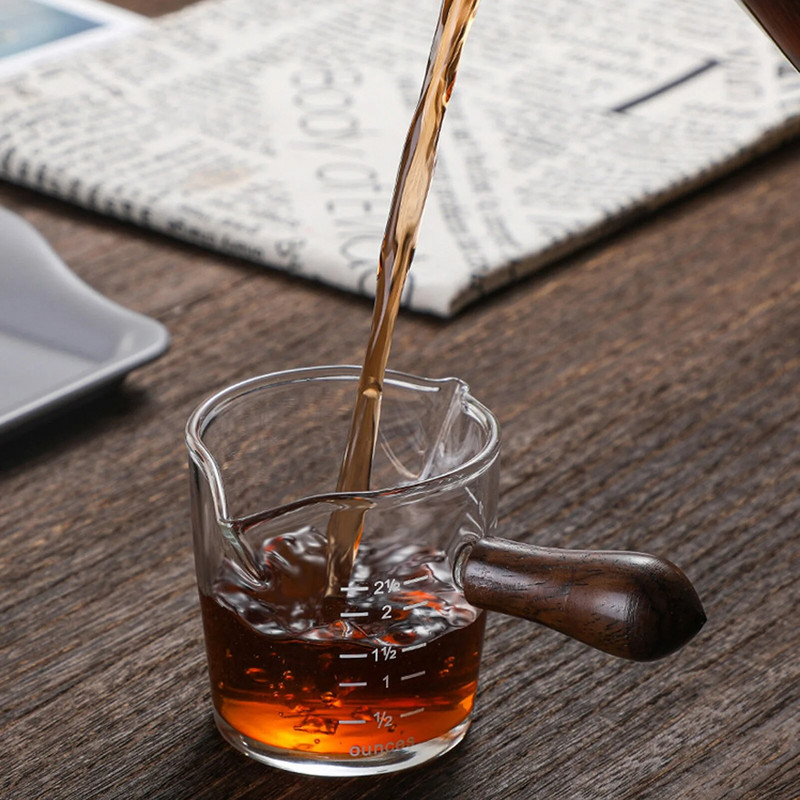 NAUJAS Espresso kavos puodelis Uncijos puodelis su svarstyklėmis ir medine rankena aukšto borosilikatinio stiklo matavimo puodelis