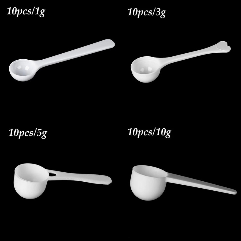 10 vnt. 1/3/5/10 g plastikiniai matavimo šaukštai kaušelis vaikams pieno miltelių / kavos / baltymų daugiafunkcis namų virtuvės priedas