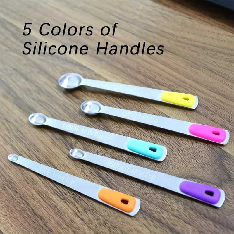 Nerūdijančio plieno mini matavimo šaukštelio spalvos silikoninė rankena, kepimo matavimo šaukštelio rinkinys virtuvės prieskonių šaukštelis