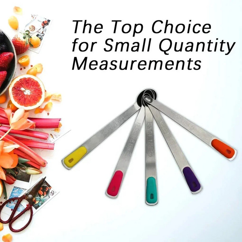 Nerūdijančio plieno mini matavimo šaukštelio spalvos silikoninė rankena, kepimo matavimo šaukštelio rinkinys virtuvės prieskonių šaukštelis