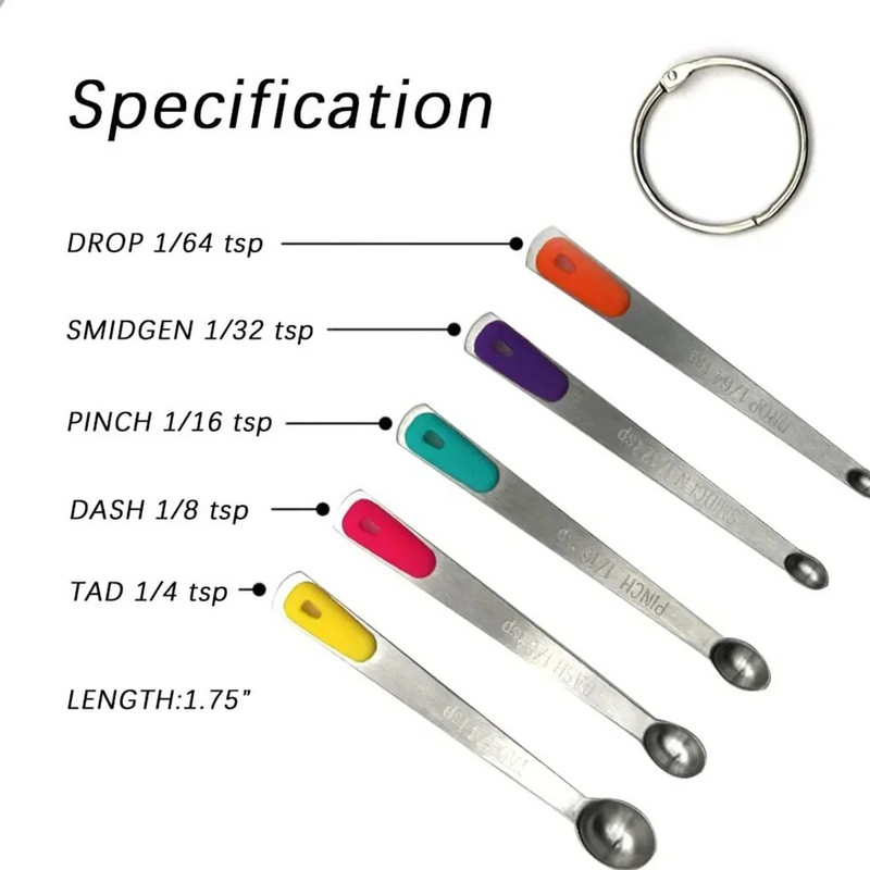 Nerūdijančio plieno mini matavimo šaukštelio spalvos silikoninė rankena, kepimo matavimo šaukštelio rinkinys virtuvės prieskonių šaukštelis