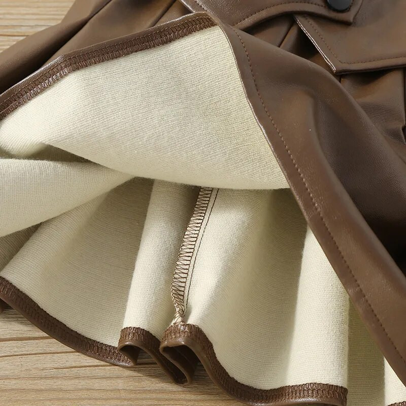 2-7 Y mokyklinis sijonas su sagutėmis elastiniu juosmeniu, odiniai sijonai vaikams 2023 m. Nauji korėjietiški sijonai kūdikiams, sulankstomi vaikiški sijonai