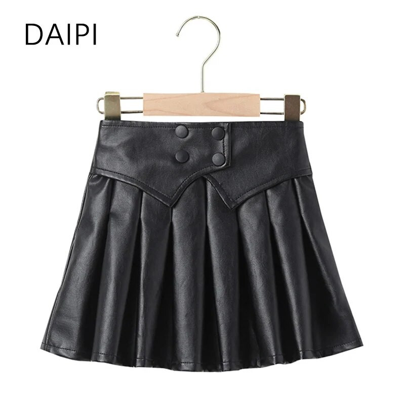 2-7 Y mokyklinis sijonas su sagutėmis elastiniu juosmeniu, odiniai sijonai vaikams 2023 m. Nauji korėjietiški sijonai kūdikiams, sulankstomi vaikiški sijonai