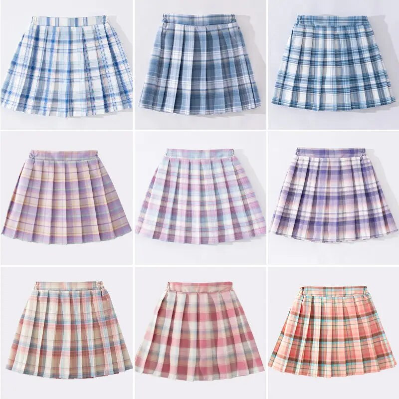 Lányok iskolai egyenruha pliszírozott szoknyák magas derekú A vonalú kockás szoknya Szexi JK egyenruha Egyetemi stílusú diák alkalmi rövid szoknyák