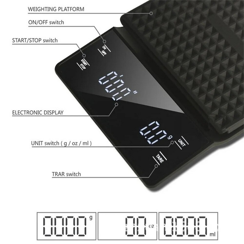 Išmaniosios kavos svarstyklės Virtuvės maisto svarstyklės Skaitmeninės elektroninės svarstyklės su laikmačiu Tikslios papuošalų svarstyklės Mini buitinės svarstyklės