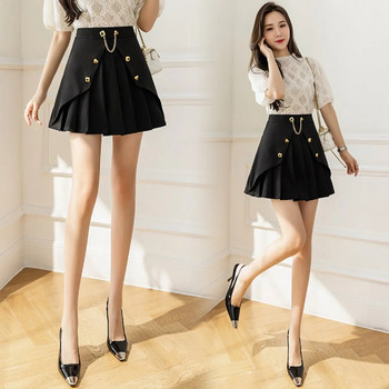 Корейски стил Chain Edge Pleasted къса мини пола Kawaii Preppy стил Streetwear пола с дължина до коляното Черна пола с шорти