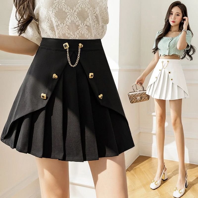 Korėjietiško stiliaus grandinėlės krašteliu malonus trumpas mini sijonas Kawaii Preppy Style Streetwear sijonas iki kelių juodas sijonas su šortais
