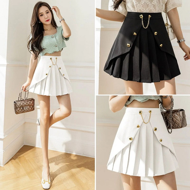 Korėjietiško stiliaus grandinėlės krašteliu malonus trumpas mini sijonas Kawaii Preppy Style Streetwear sijonas iki kelių juodas sijonas su šortais
