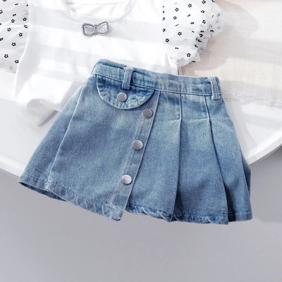 Girls` Summer Denim Pleated Skirt 2024 New Korean Soft Denim High Waist A-line Half Skirts Slim Princess Skirt 2-6Years Old