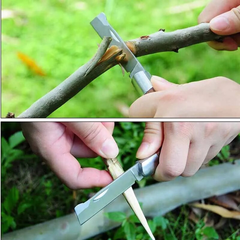 Oltóeszközök Összecsukható oltóvágó kés Professzionális kerti oltóvágó rozsdamentes acél fa nyelű oltókés