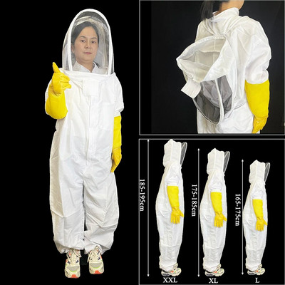 Пчеларски платнени ръкавици Гащеризон Бял памучен плат Защита против ухапвания Дишащ с воал с качулка Инструменти за пчели