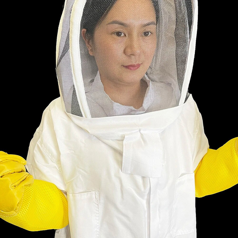 Bitininkystės medžiaginės pirštinės Kombinezonas baltas medvilninis audinys, apsauga nuo įkandimų, kvėpuojanti su gobtuvu, bičių įrankiai