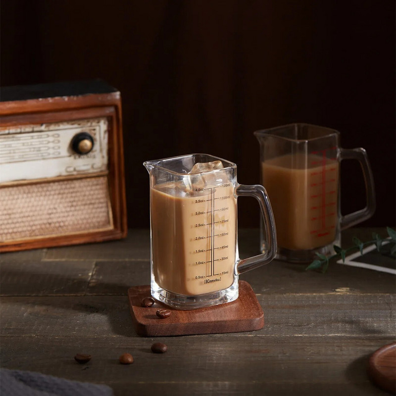 120 ml karščiui atsparus stiklinis matavimo puodelis Milk Jigger stiklinis uncijos puodelis su rankena espreso kavai Brarista priedams