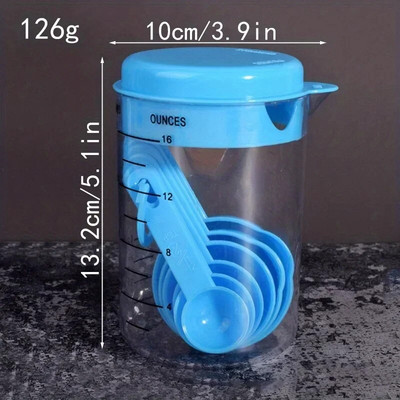 1 rinkinys, matavimo šaukštas, matavimo puodelių rinkinys, plastikinis su svarstyklėmis 500 ml kepimo įrankis, 7 vnt. kombinuotas virtuvės miltų matavimo šaukštas