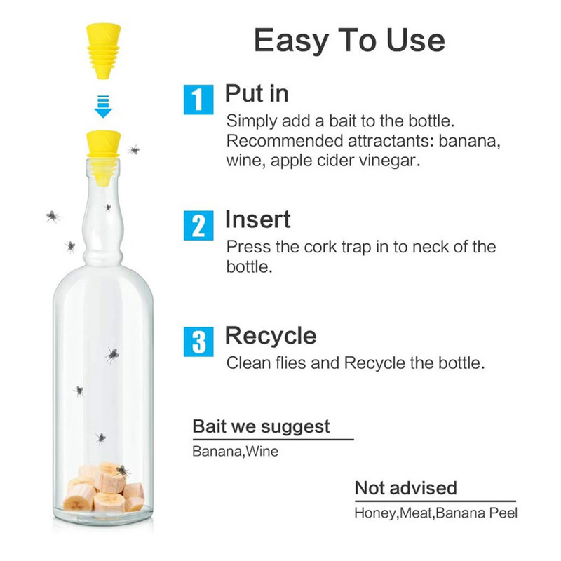 Sisetingimustes kasutatav puuviljakärbsepüünis Välistingimustes kasutatav korduvkasutatav lõks, painduv kummist püüdmislehter, mis sobib enamiku klaaside veinidega, siseruumides kasutatav kärbsepüünis