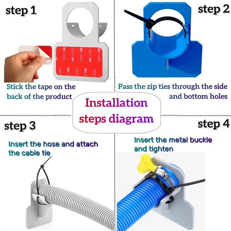 Plaukimo baseino vamzdžių laikiklio tvirtinimo žarnos laikiklis palaiko 38 mm vamzdžius, skirtus virš žemės esančioms žarnos išėjimui su kabelių raištelių tvirtinimo priedais