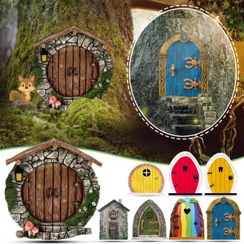 Пасторални дървени сладки мини врати за къщи Градински орнаменти Fairys Dwarf Tree Door Window Статуя Fairytales Decoration Creative