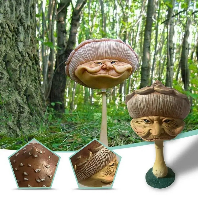Lauko dervos dekoravimas Ornamentas Grybas Močiutė Keistas žmogaus veidas Veja Sodininkystė Figūros Skulptūra Dekoravimas