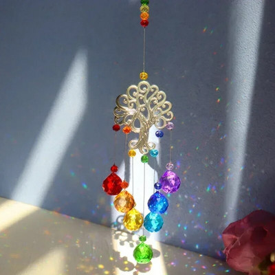 Pandantiv de cristal Prisme de captare a soarelui Arborele vieții colorat DIY perdele pentru fereastră cu lanț de decorare agățată Catch Sun Colgantes De Viento