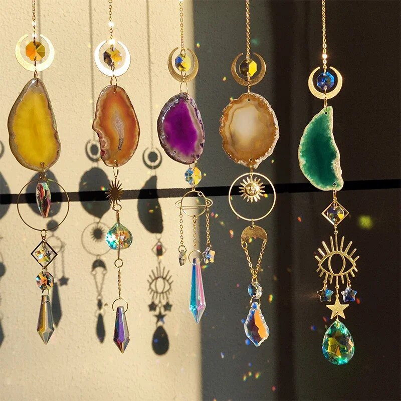Drvo života Ahat Mjesec Suncatcher Kristalni privjesak Prizme Dugine vjetrene zvona za kućni vrt Prozor Božićno drvce Dekoracija