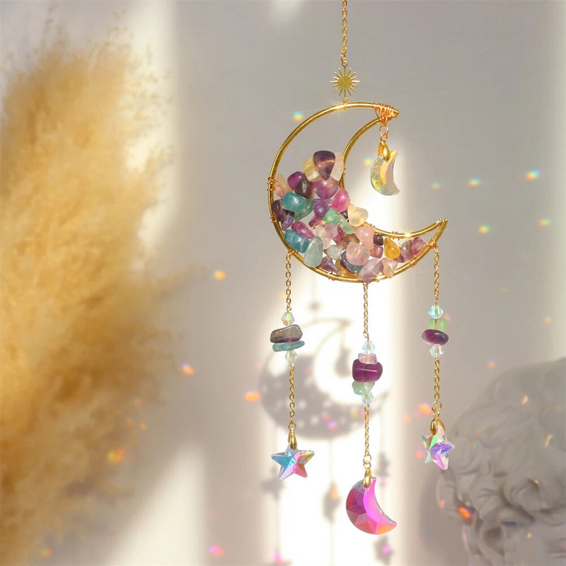 Metaliniai mėnulio krištolo šviesos gaudyklės papuošalai kabantys vaivorykštės prizmės vėjo varpelis krištolinis saulės gaudyklės langas lauko sodo dekoravimas