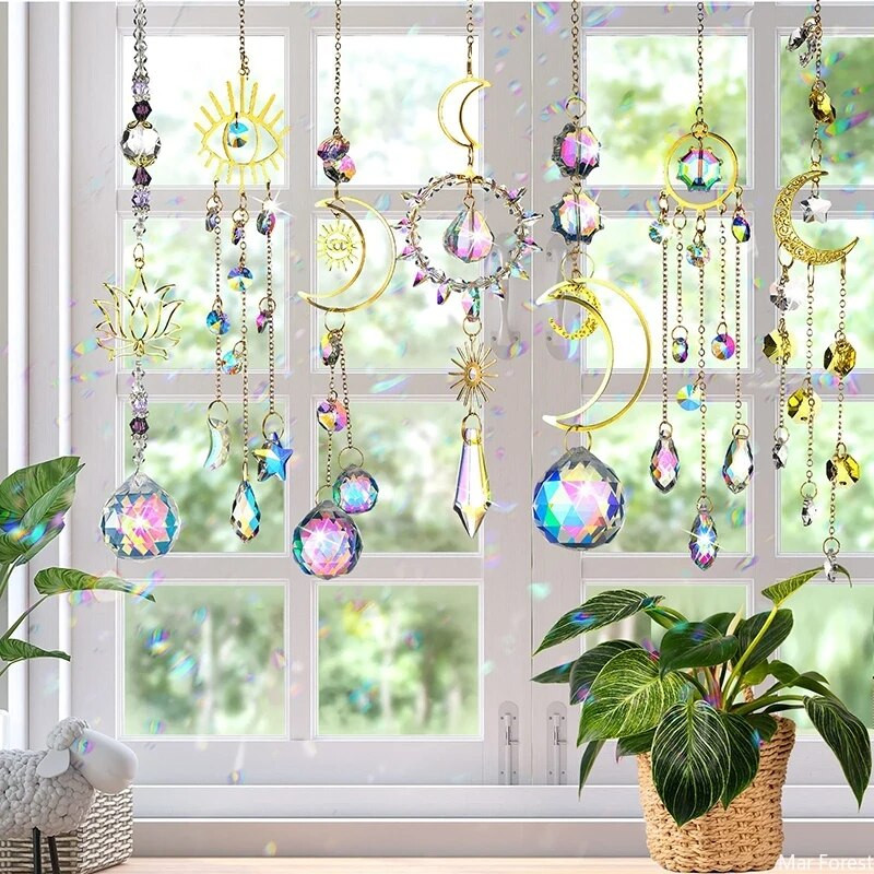 Krištolo saulės gaudyklė Saulės mėnulio šviesos gaudyklė pakabukai vėjo varpeliai vaivorykštės gaminimo mašina namų sodo puošmena lango automobilio žavesio ornamentas