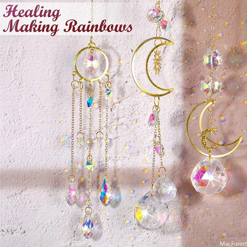Krištolo saulės gaudyklė Saulės mėnulio šviesos gaudyklė pakabukai vėjo varpeliai vaivorykštės gaminimo mašina namų sodo puošmena lango automobilio žavesio ornamentas