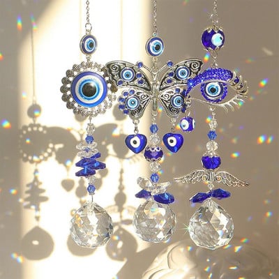 Krištolo durų langų apdaila Rankų darbo krištolinė prizmė Suncatcher Craft Turkish Blue Evil Eye Amuletas Galinio vaizdo veidrodžio priedai