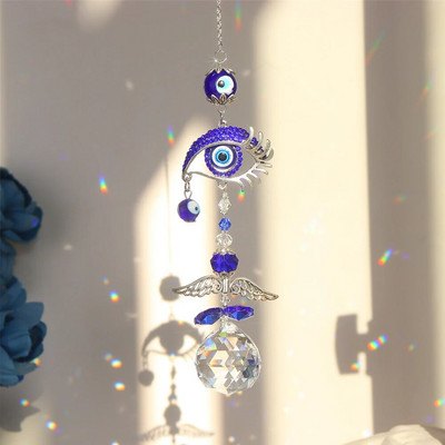 Decor pentru fereastră de ușă de cristal, prismă de cristal lucrată manual, prinderea soarelui, amuleta albastru turcesc pentru ochi rău, accesorii pentru oglindă retrovizoare