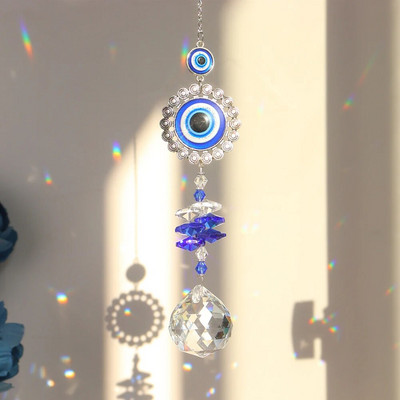 Decor pentru fereastră de ușă de cristal, prismă de cristal lucrată manual, prinderea soarelui, amuleta albastru turcesc pentru ochi rău, accesorii pentru oglindă retrovizoare