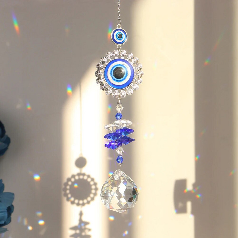 Krištolo durų langų apdaila Rankų darbo krištolinė prizmė Suncatcher Craft Turkish Blue Evil Eye Amuletas Galinio vaizdo veidrodžio priedai