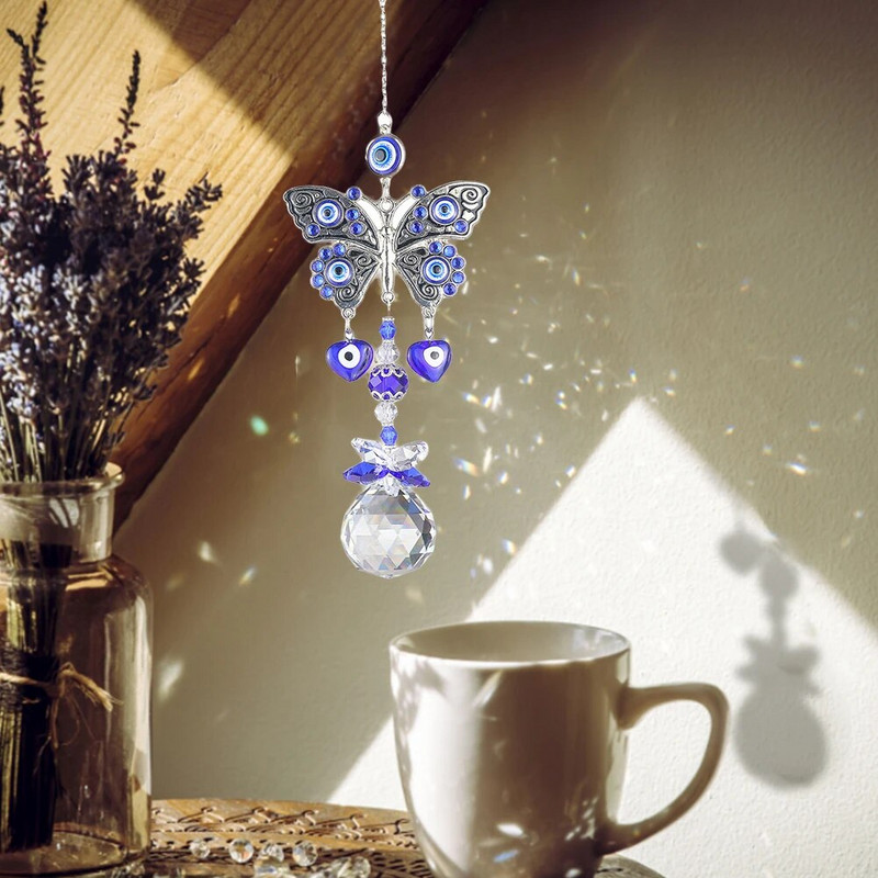 Krištolo durų langų apdaila Rankų darbo krištolinė prizmė Suncatcher Craft Turkish Blue Evil Eye Amuletas Galinio vaizdo veidrodžio priedai