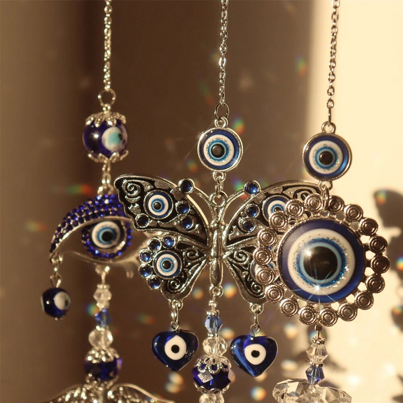 Krištolo durų langų apdaila Rankų darbo krištolinė prizmė Suncatcher Craft Turkish Blue Evil Eye Amuletas Galinio vaizdo veidrodžio priedai