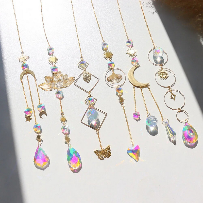 Crystal Prism Wind Chimes Creative Chic Metal Curcubeu Light Catcher Lotus Fluture Luna Rechizite pentru fereastră pentru cadouri pentru prieteni de familie