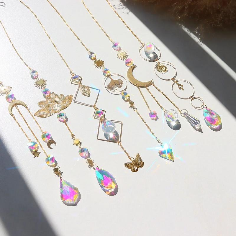 Crystal Prism Wind Chimes Creative Chic Metal Curcubeu Light Catcher Lotus Fluture Luna Rechizite pentru fereastră pentru cadouri pentru prieteni de familie