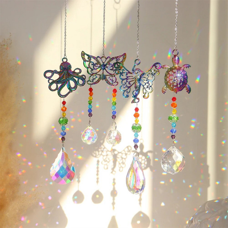 Metalinis krištolinis saulės gaudytojas drugelis aštuonkojis vėžlys vaivorykštinis gaudytojas pakabinamas vėjo varpelis lango pakabukas sodo dekoravimas lauke