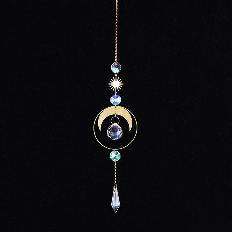 Naujas krištolinis saulės gaudytojas Saulės ir mėnulio pakabukas namų langui kabantis ornamentas kabantis stiklo prizmės šviesos gaudyklė Sodo puošmena