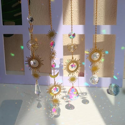 Aura Cristal Moonphase Suncatcher Fereastra Light Catcher Prism Celestial Rainbow Maker Soare, Lună și Stele Witchy Gift Home Decor