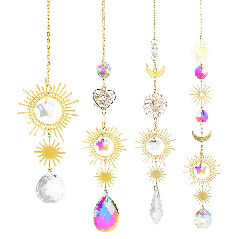Aura Crystal Moonphase Suncatcher Langas Šviesos gaudyklė Prizmė Dangaus vaivorykštės kūrėjas Saulė, mėnulis ir žvaigždės Raganiška dovana namų dekoravimui