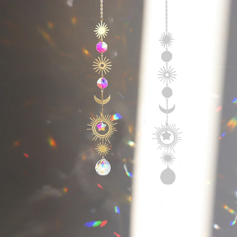 Aura Crystal Moonphase Suncatcher Langas Šviesos gaudyklė Prizmė Dangaus vaivorykštės kūrėjas Saulė, mėnulis ir žvaigždės Raganiška dovana namų dekoravimui