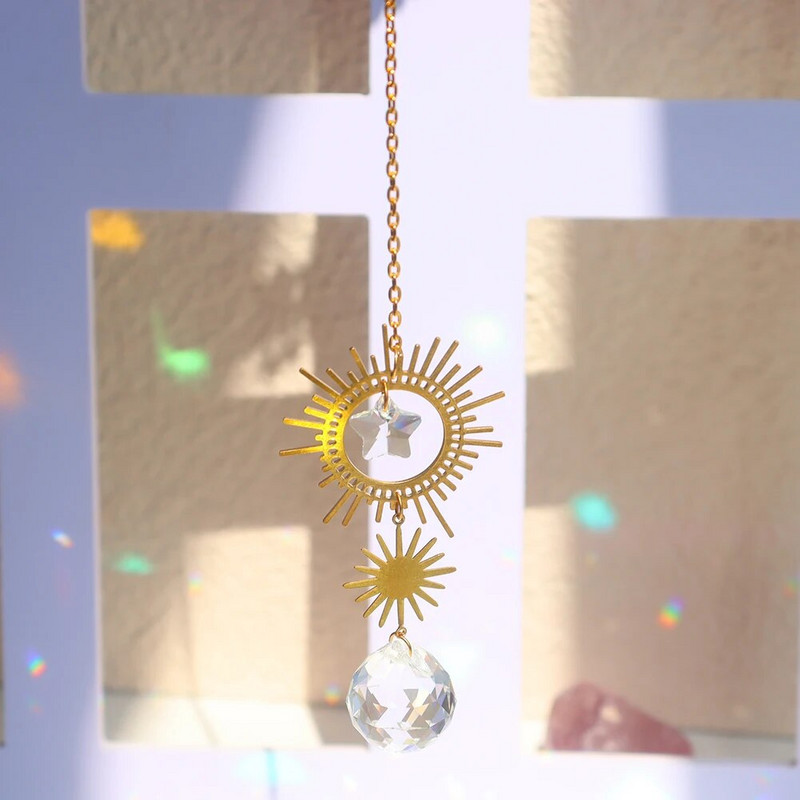 Aura Crystal Moonphase Suncatcher Langas Šviesos gaudyklė Prizmė Dangaus vaivorykštės kūrėjas Saulė, mėnulis ir žvaigždės Raganiška dovana namų dekoravimui