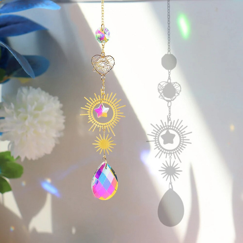 Aura Crystal Moonphase Suncatcher Langas Šviesos gaudyklė Prizmė Dangaus vaivorykštės kūrėjas Saulė, mėnulis ir žvaigždės Raganiška dovana namų dekoravimui